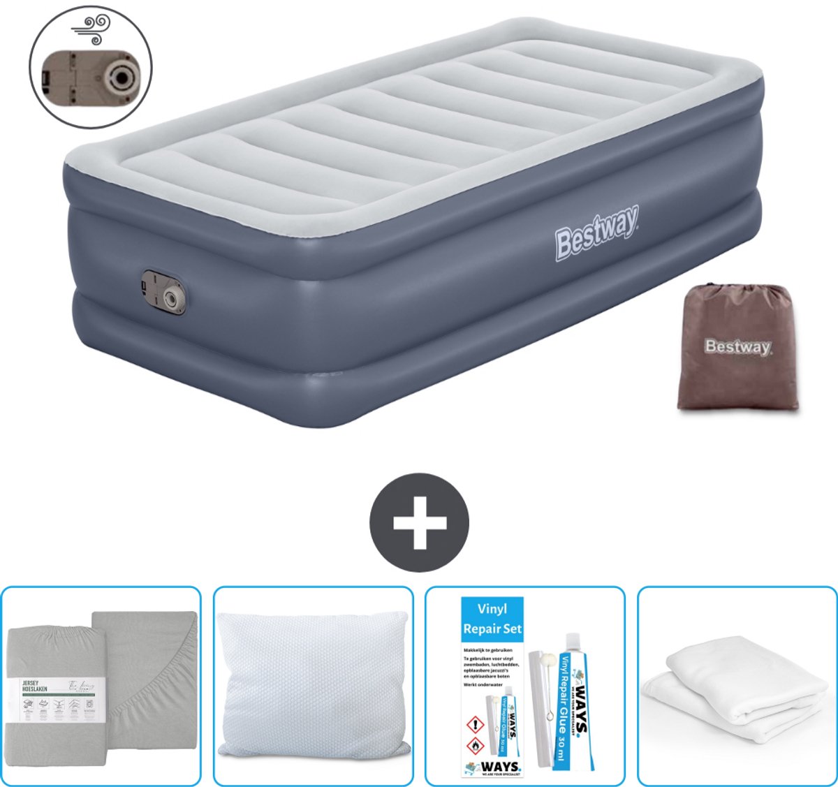 Bestway luchtbed - 1-Persoons - 97 x 191 x 51 cm - Grijs - Inclusief pomp - Hoeslaken - Kussen - Kussenbeschermer en Reparatieset