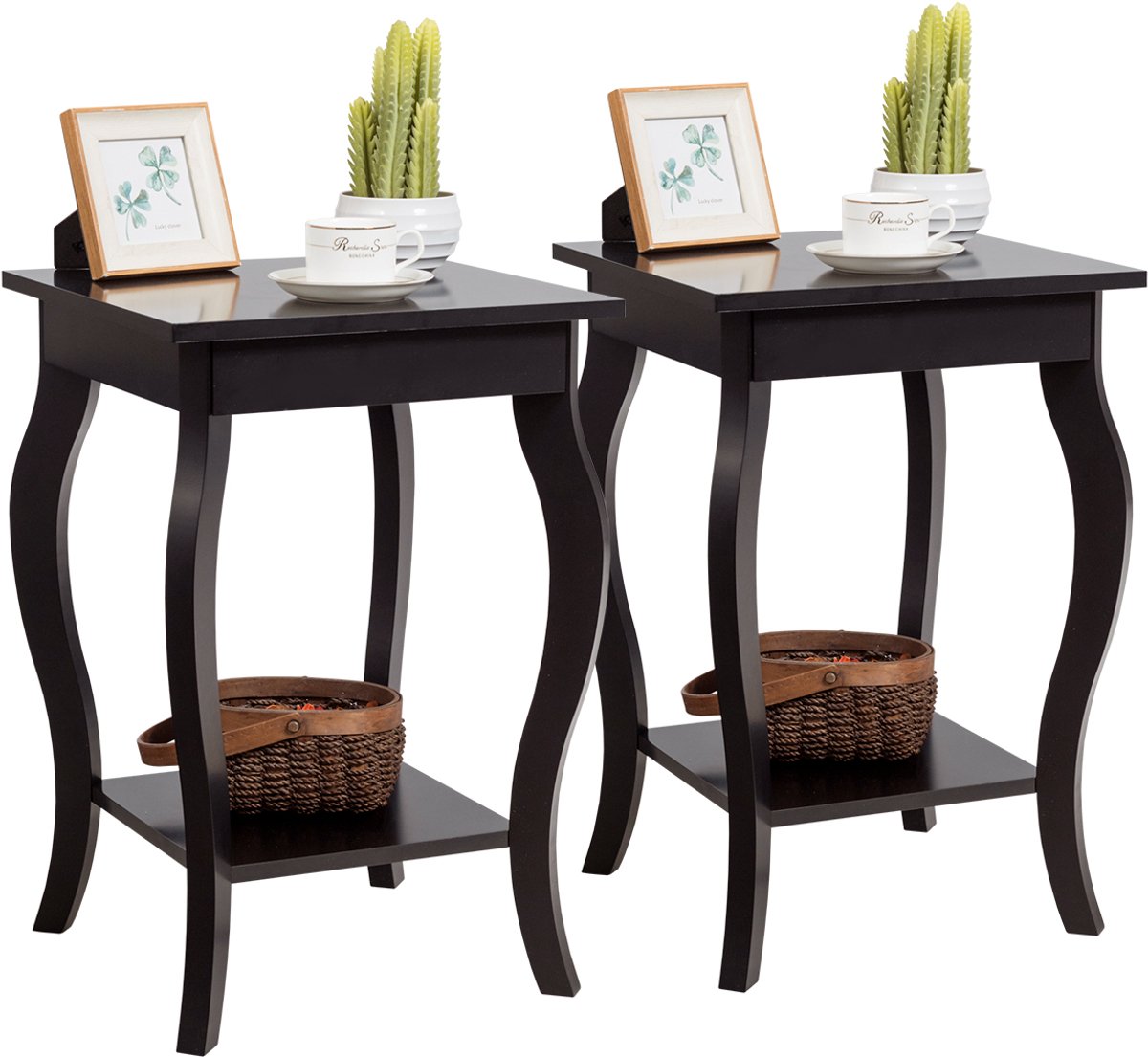 Costway Set van 2 nachtkastjes met plank, 2 niveaus, bijzettafel van hout, nachtkastje, banktafel voor woonkamer, slaapkamer, 40 x 40 x 60 cm (bruin)