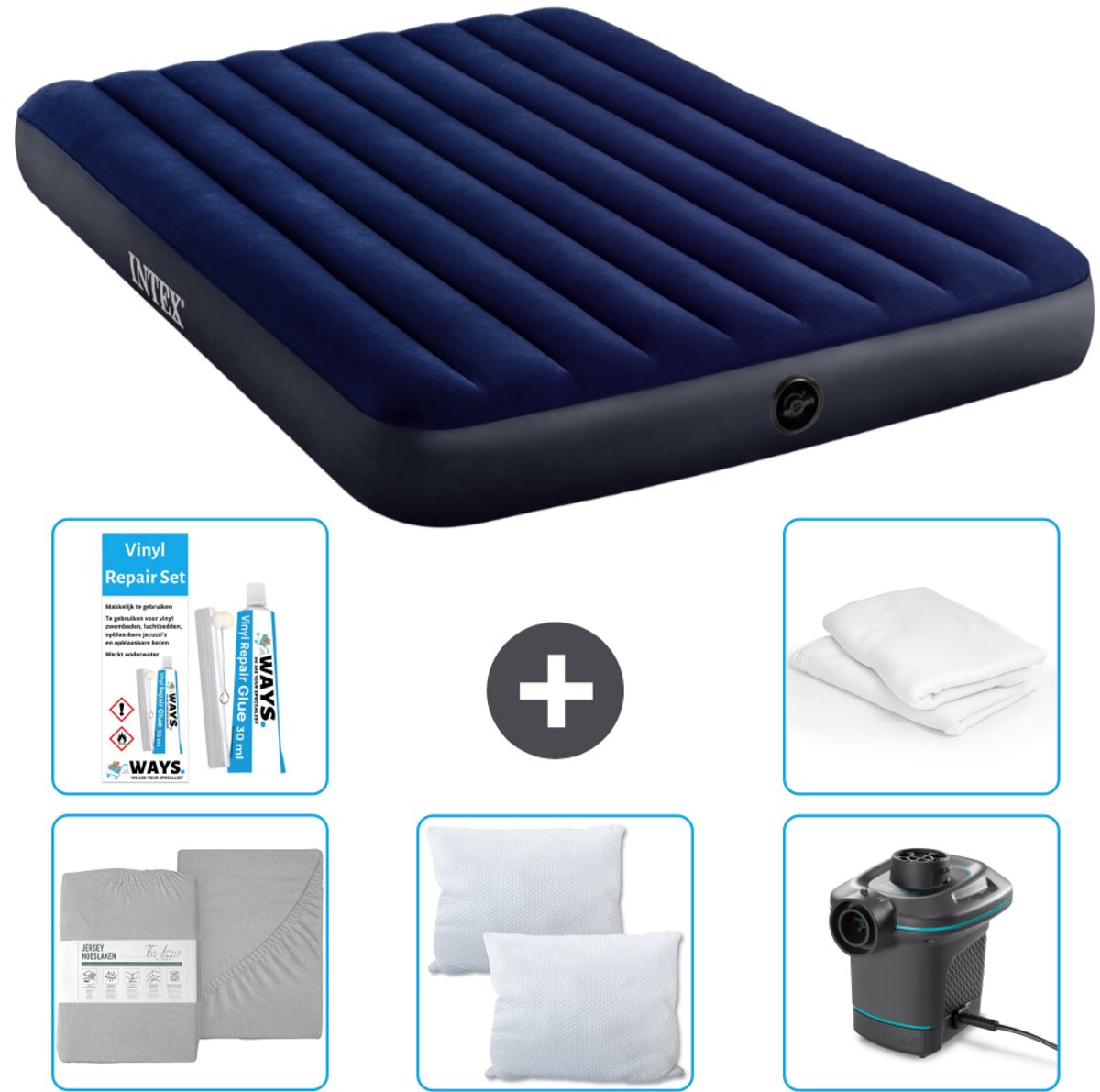Intex Luchtbed - 2-Persoons - 152 x 203 x 25 cm cm - Blauw - Inclusief Hoeslaken - Kussen - Pomp - Reparatieset en Kussenbeschermer