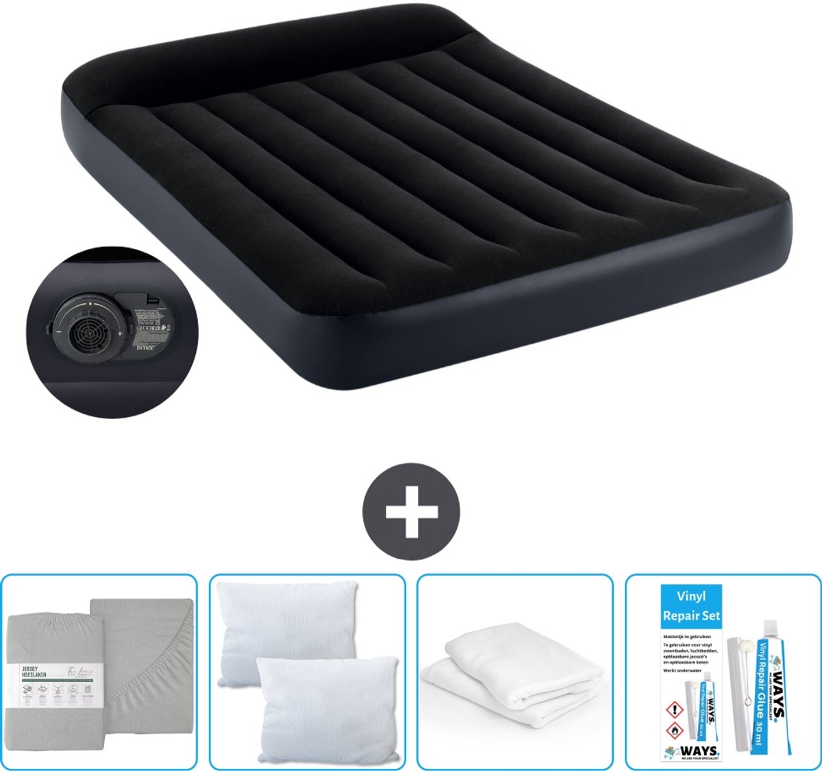 Intex Luchtbed - Twijfelaar - 137 x 191 x 25 cm - Blauw - Inclusief pomp - Hoeslaken - Kussen - Reparatieset en Kussenbeschermer