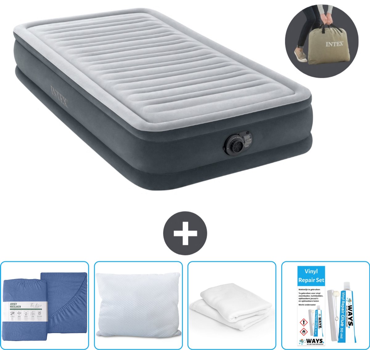 Intex Luchtbed - 1 Persoons - 99 x 191 x 33 cm - Grijs - Inclusief pomp - Hoeslaken - Kussen - Reparatieset en Kussenbeschermer
