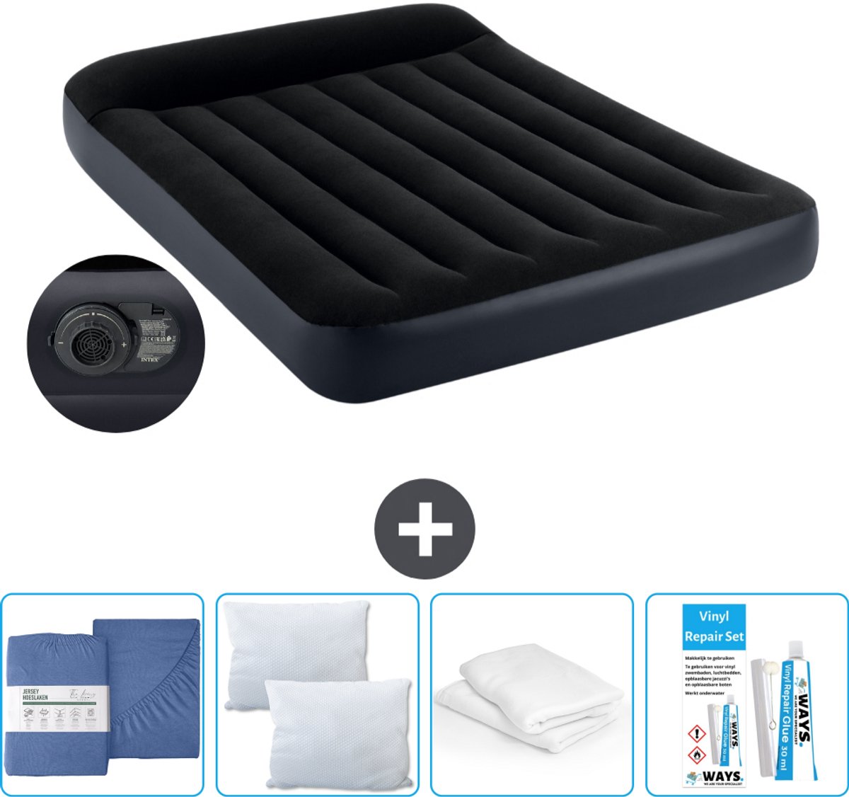 Intex Luchtbed - Twijfelaar - 137 x 191 x 25 cm - Blauw - Inclusief pomp - Hoeslaken - Kussen - Reparatieset en Kussenbeschermer