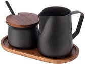 Ensemble lait et sucre 5 pièces en bois d'acacia, acier inoxydable, revêtement PTFE noir