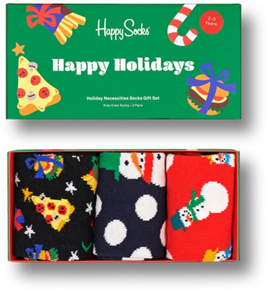Happy Socks cadeauverpakking met 3 paar kindersokken: pizza, sneeuwpoppen en polka dots.