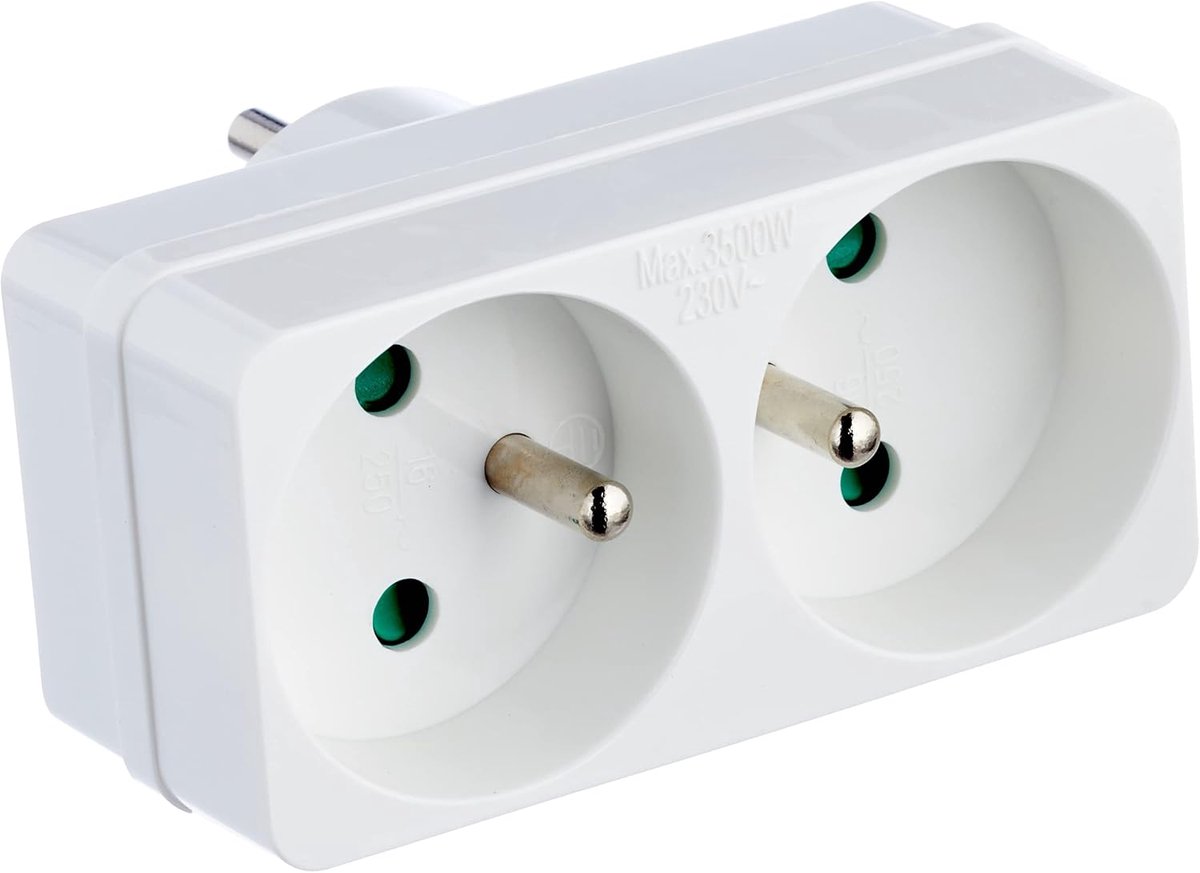 2-weg stekkerverdeler met 2 Schuko-stopcontacten en Frans stopcontact type E - Multicolor