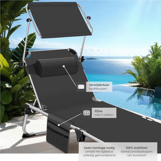 tectake® Ligbed Aurelie met zonneluifel en hoofdkussen - Ligstoel - Zonnebed - Opklapbare balkonligstoel van aluminium - Weerbestendige tuinligstoel voor tuin, balkon, camping en strand - Verstelbare rugleuning met kussen - Zwart van Merkloos — afbeelding 2