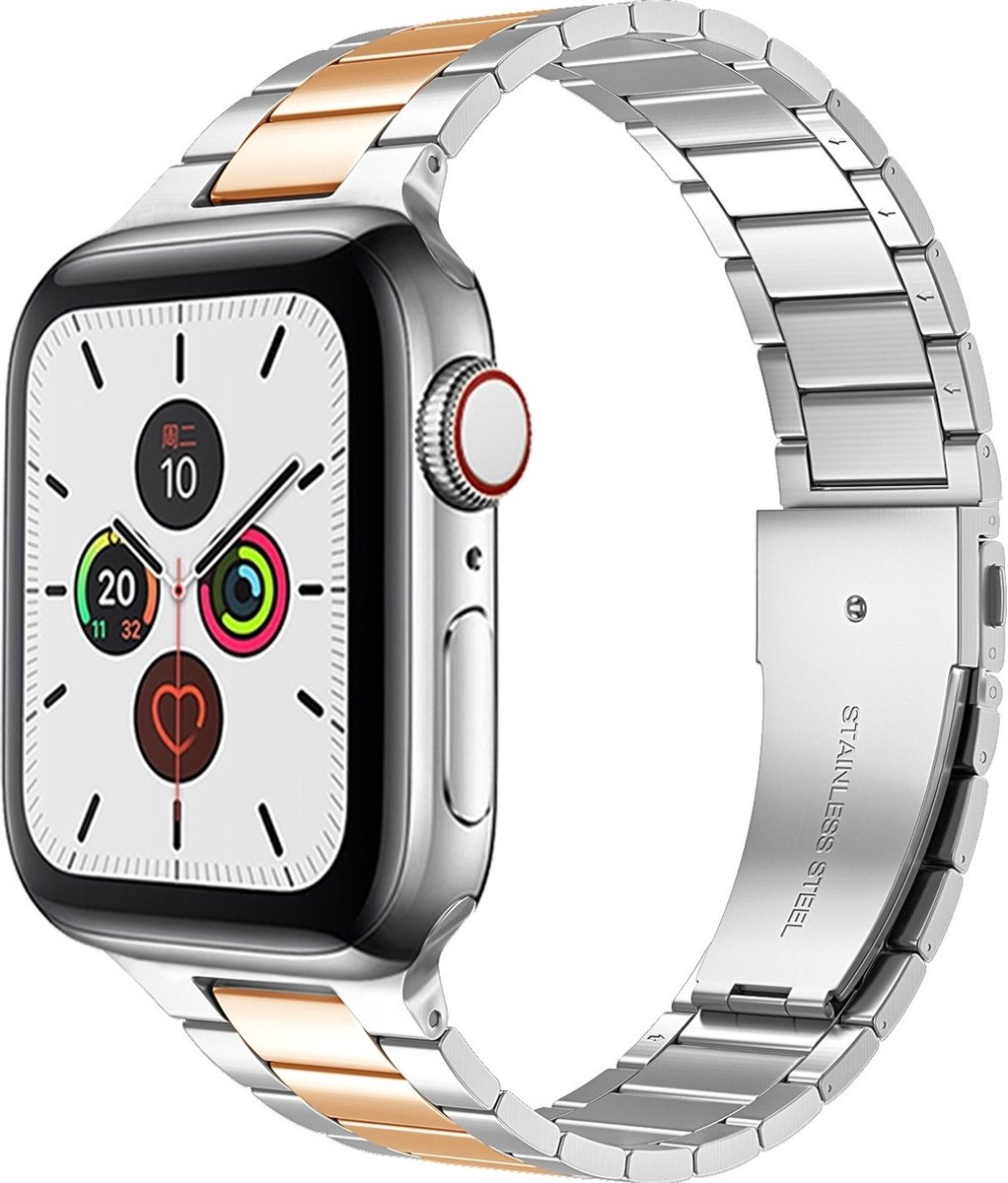 Mobigear Stalen Watch bandje geschikt voor Apple Watch Bandje Vouwsluiting | Mobigear Lissabon - 49/46/45/44 mm - Roségoud / Zilver