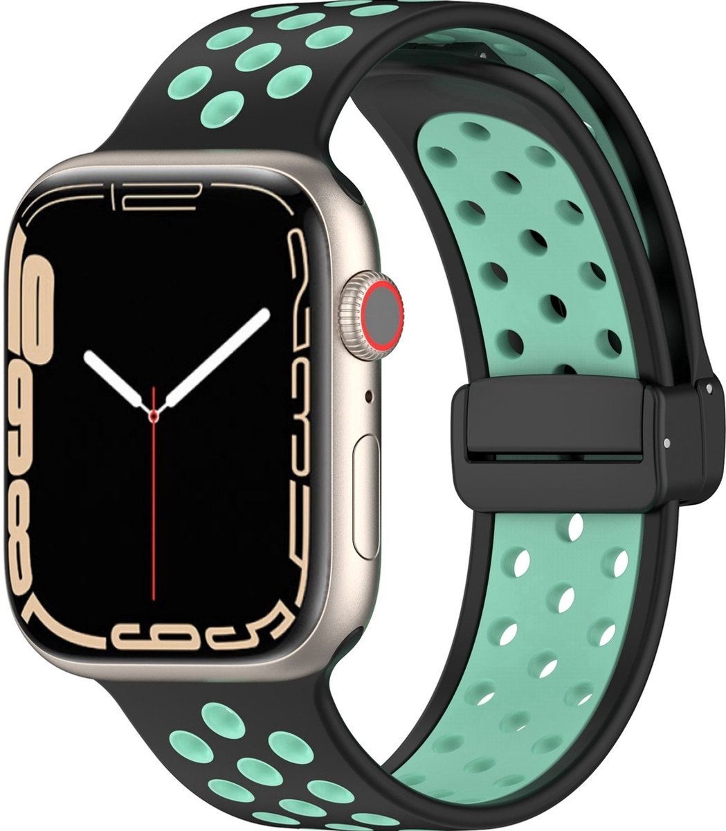 Mobigear Siliconen Watch bandje geschikt voor Apple Watch Bandje Magneetsluiting | Mobigear Sport Plus Mag - 49/46/45/44 mm - Zwart / Turquoise