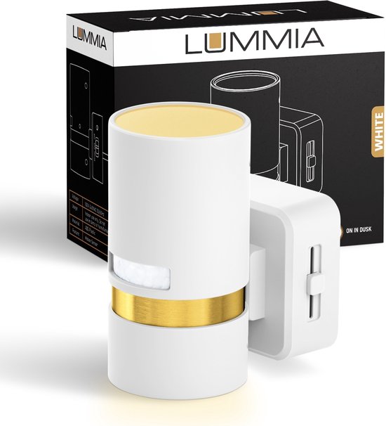 LUMMIA® Stekkerlamp - Bewegingssensor Lamp Binnen - Nachtlampje Stopcontact - Stekkerspot - Warm Licht - ABS-Kunststof - 5.5 x 8.8 CM - Goud/Wit