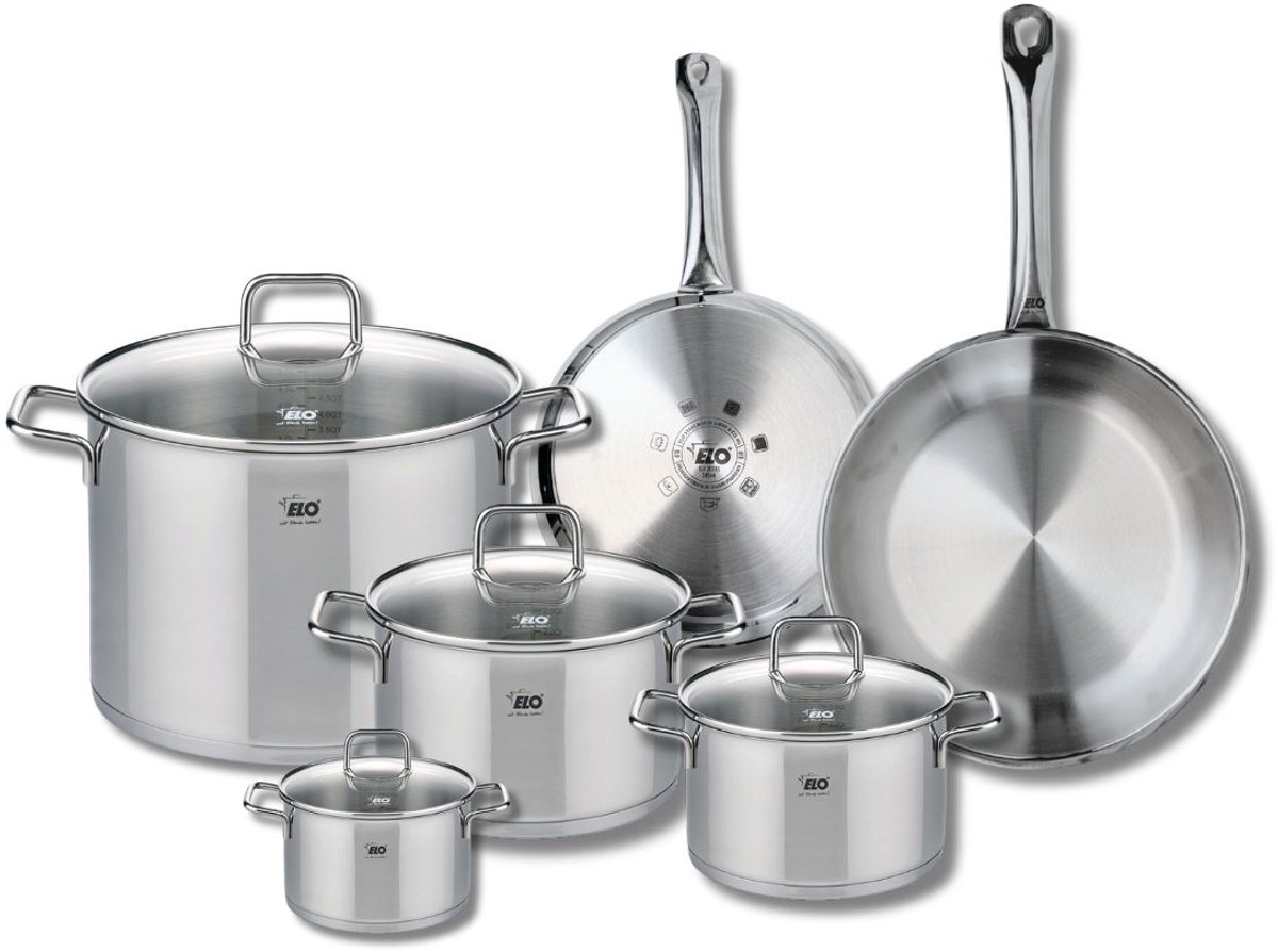Set van 2 Koekenpannen 24 en 28 cm en 4 kookpotten 12, 16, 20 en 26 cm Elo Profi Citrin