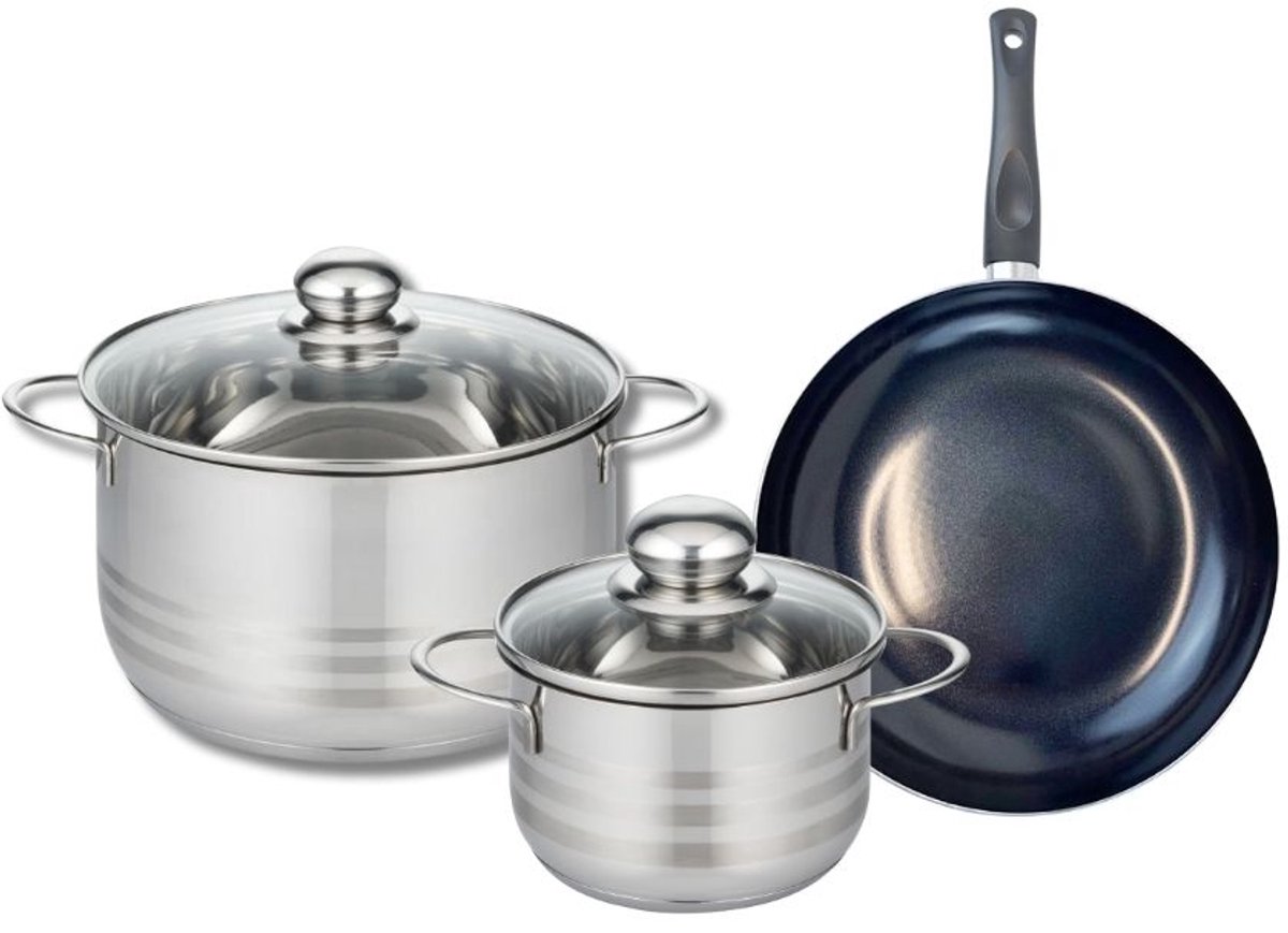 Set van 1 Koekenpan 24 cm en 2 kookpotten 16 en 24 cm Elo Prima Glanzend
