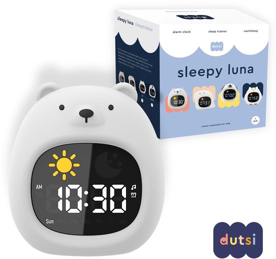 Dutsi - Slaaptrainer Kinderen - Sleepy Luna - Beer - Met Wekker, Witte Ruis & Nachtlampje - Helpt bij een Gezond Slaapritme