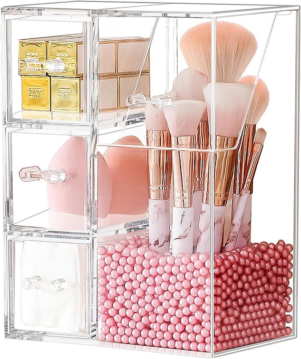 Make-up Borstel Organizer en Opslag Beker - Transparant met Roze Parel