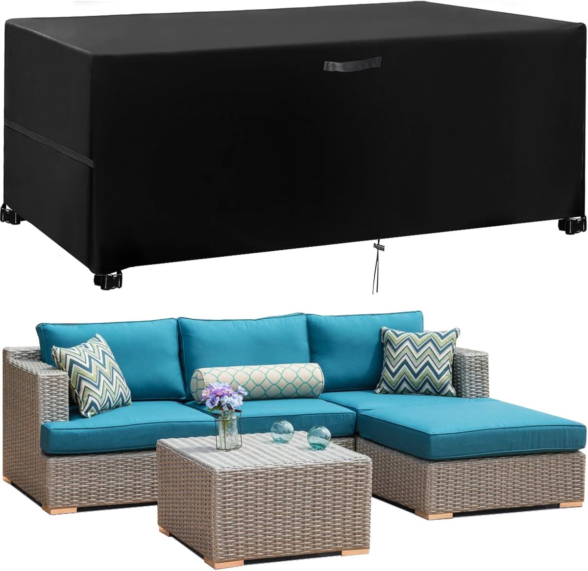 Famanu Tuinmeubelhoes, beschermhoes voor tuinmeubelen, winterbestendig, waterdicht, anti-UV 420D Oxford stof, hoes voor tuintafel, beschermhoes voor tuintafel zitgroep, zwart 213 x 132 x 74 cm