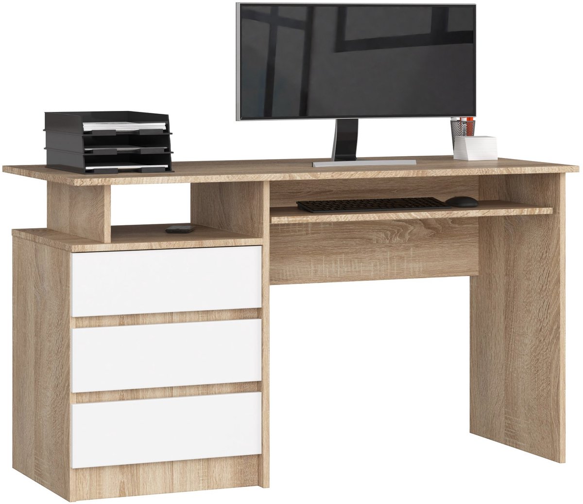 Bureau CLP 135 cm met 3 Laden / Computerbureau / Computer Tafel / Bureautafel / Sonoma Eik - Wit / 135 x 77 x 60 cm