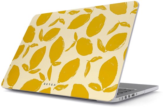 MacBook Air 13 pouces avec une housse audacieuse à imprimé citron jaune, arborant le logo BURGA.