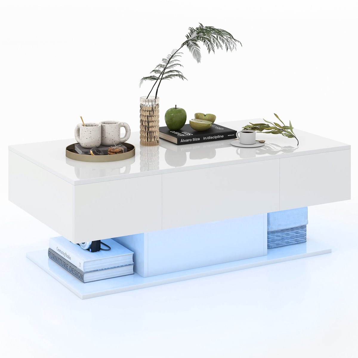 Costway Salontafel met ledverlichting, hoogglans, 20 kleuren | helderheid instelbaar, woonkamertafel met 2 laden, koffietafel voor woonkamer, incl. afstandsbediening, 110x60x40 cm (wit)
