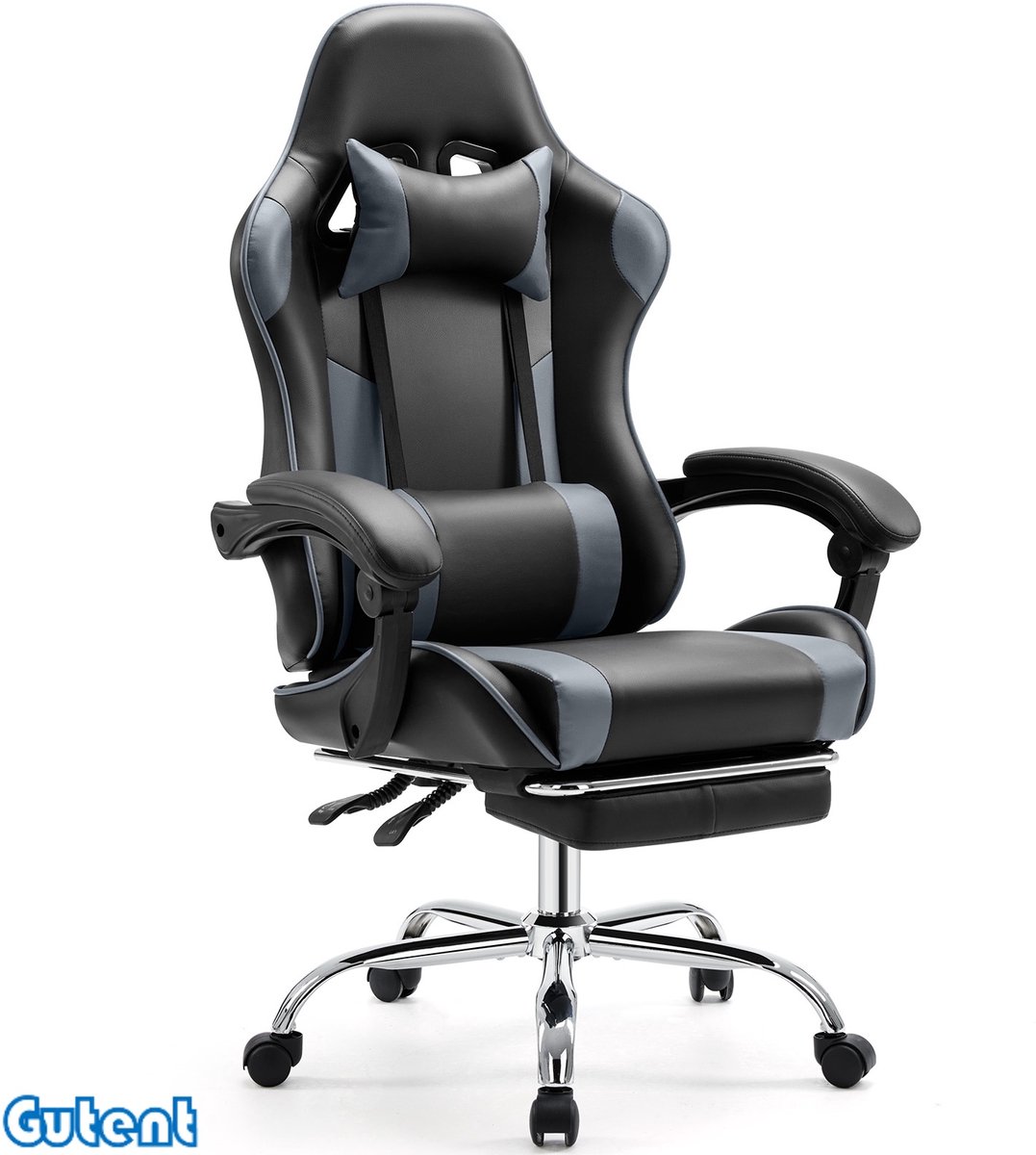 Gutent Gaming stoel-computer stoel-Ergonomisch-met voetensteun en lendensteun-PU lederen relaxfauteuil-met hoofdsteun en vaste armleuningen-Zwart en Grijs
