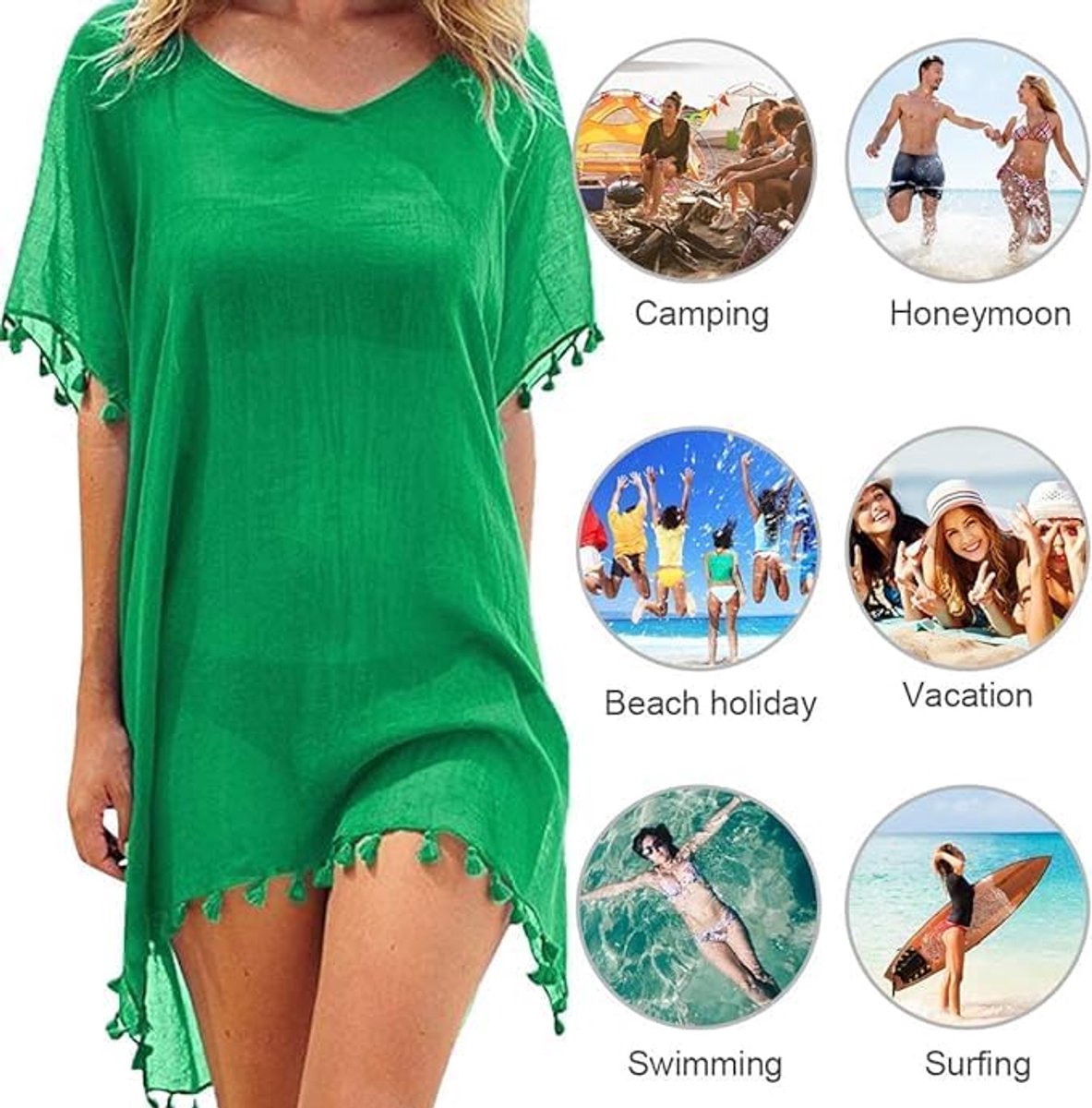 Karma Chiffon Strandkleding Vrouwen Strand Bikini Cover Up Kwastje Strand Jurk V-hals Badmode Zomer Casual Badpak groen
