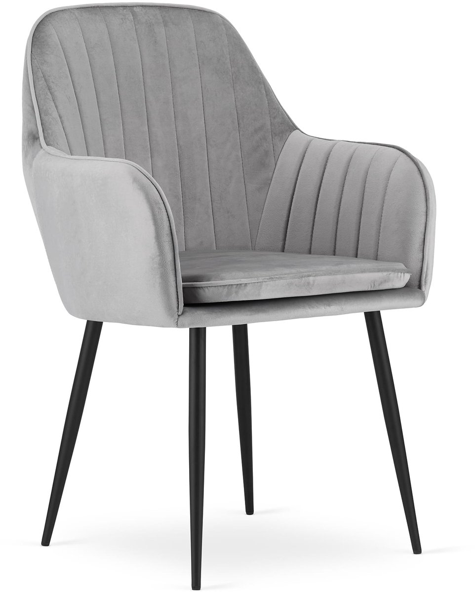LUGO Velvet Design Stoelen – Set van 2 – Zilvergrijs Fluweel – Zwarte Metalen Poten – Met Armleuningen – Afneembare Hoes – Max. 120 kg