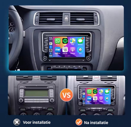 Autoradio met touchscreen 'Na installatie' vergeleken met oude radio 'Voor installatie'.