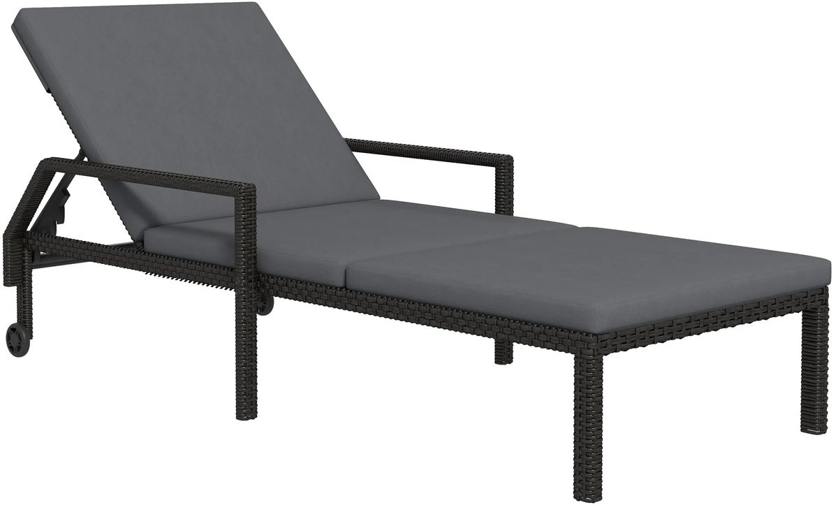 Rattan Lounger met Verstelbare Rugleuning - Handgeweven PE Rattan en Metalen Frame - Met Wielen - 5 Posities - 73x200x48 cm - Lichtgrijs en Zwart