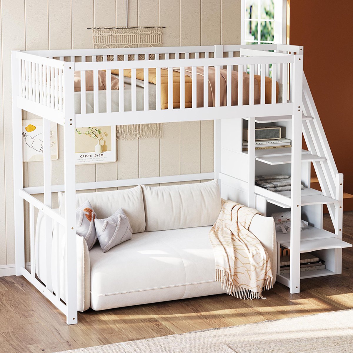 Mezzaninebed Kinderbed 140x200 cm met veiligheidsladder, veiligheidsrand, massief grenen frame wit