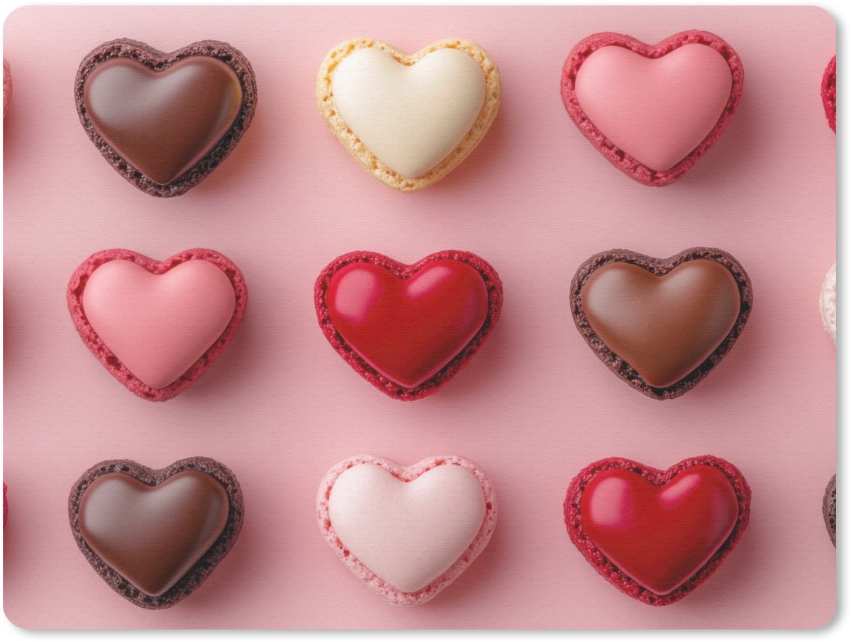 Muismat 23x19 cm - Mousepad Macarons - Hartjes - Kleurrijk - Roze - Muismatten