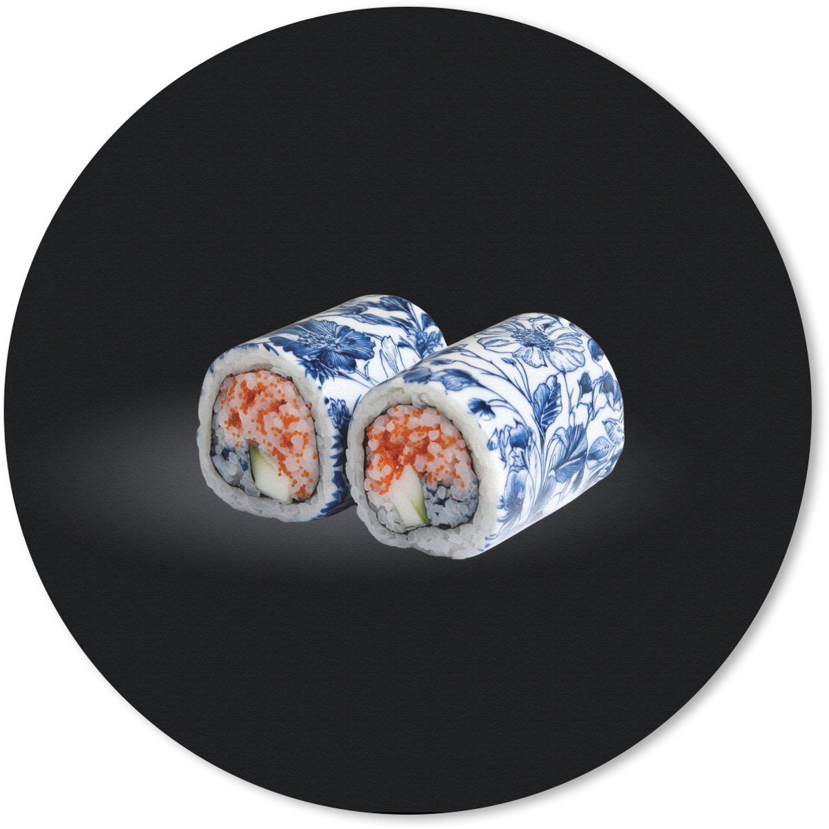 Muismat rond 40x40 cm - Mousepad Sushi - Delfts blauw - Rijst - Vis - Elegant - Ronde muismatten