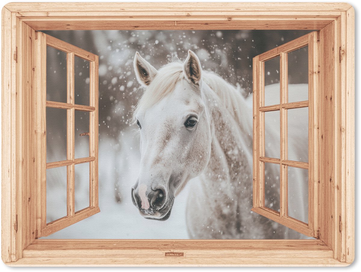Muismat 23x19 cm - Mousepad Doorkijk - Paard - Wit - Winter - Sneeuw - Dieren - Muismatten