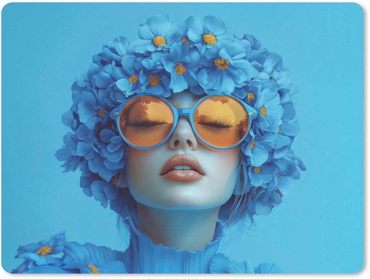 Muismat 23x19 cm - Mousepad Vrouw - Bloem - Blauw - Modern - Bril - Portret - Muismatten