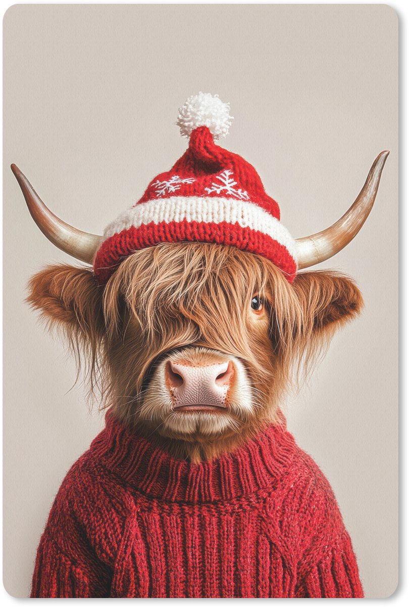 Muismat 18x27 cm - Mousepad Schotse Hooglander - Kerst - Muts - Trui - Winter - Muismatten