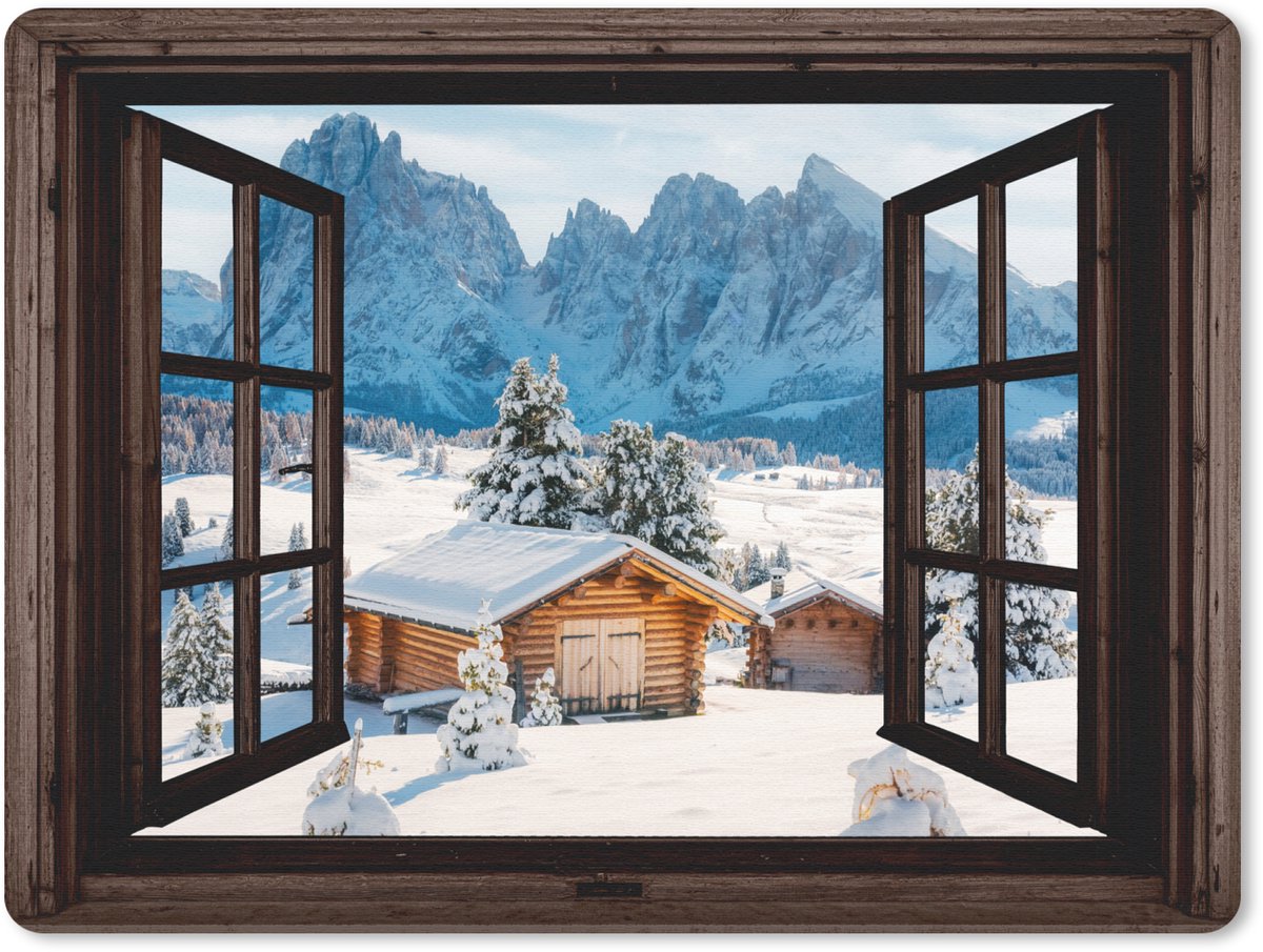 Muismat 23x19 cm - Mousepad Doorkijk - Winter - Landschap - Huisje - Bergen - Muismatten