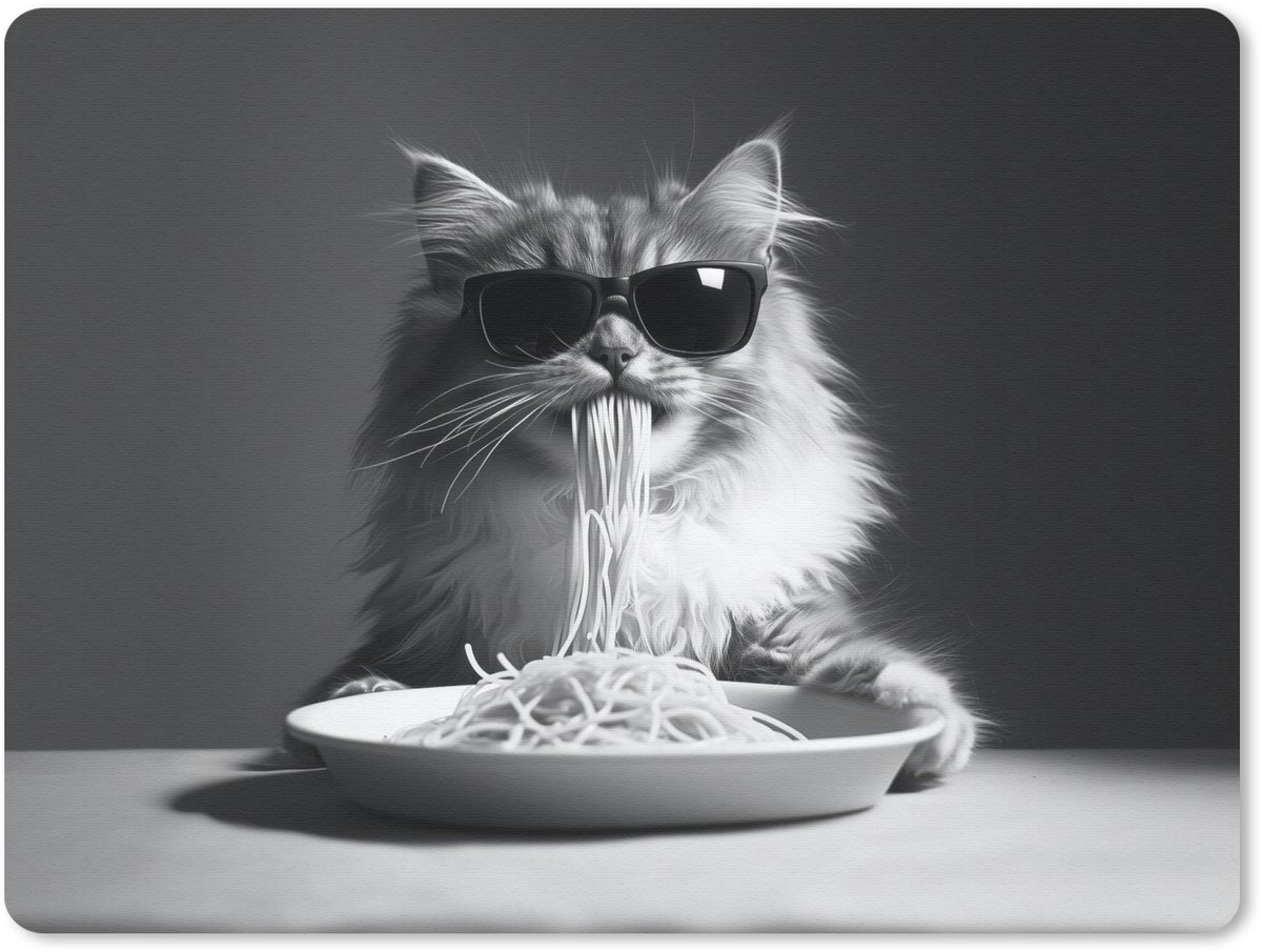Muismat 23x19 cm - Mousepad Langharige kat - Zonnebril - Spaghetti - Humor - Zwart - wit - Muismatten