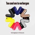 Zes 'V'-vormige oordopjes in een cirkel: zwart, geel, rood, zilver, rosé goud, donkerblauw. "Verkrijgbaar in 6 kleuren".