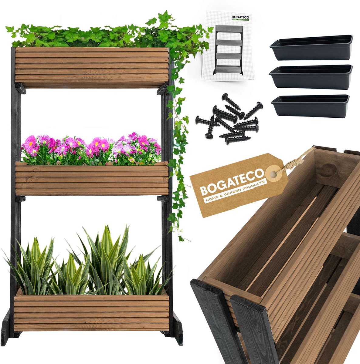 BOGATECO | Set van 3 bloempotten op standaard | Set van 3 bloempot plantenbakken 64x20cm | Houten bloempotten voor tomaten en bloemen, plantenbak voor tuinbalkon | 120cm hoog | Donkerbruin