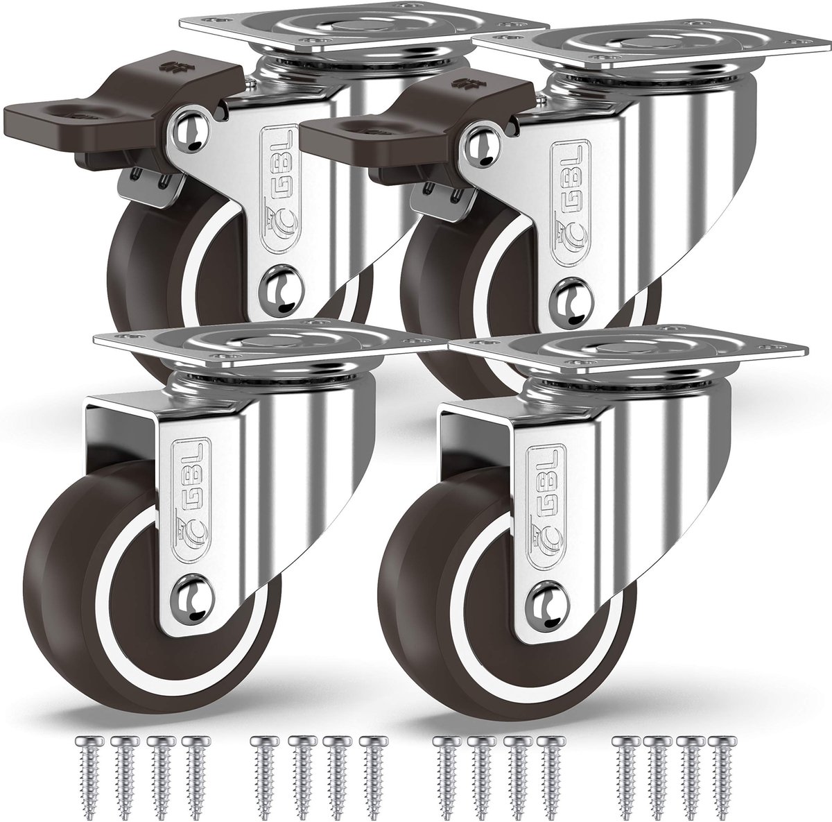 GBL Zwarelast Zwenkwielen met 2 Remmen + Schroeven - 50 mm tot 200 kg - 4 Stuks Zonder Vloersporen Wielen voor Meubels - Rubberen Trolleywielen - Zilver