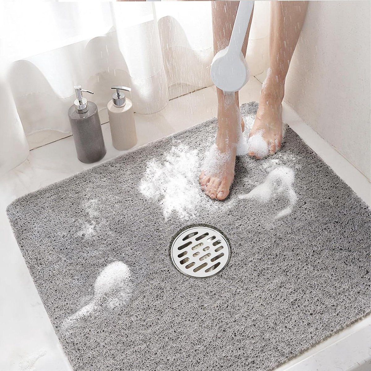 Vierkante Loofah douchemat 60 x 60 cm antislip zachte PVC wasbaar grijs