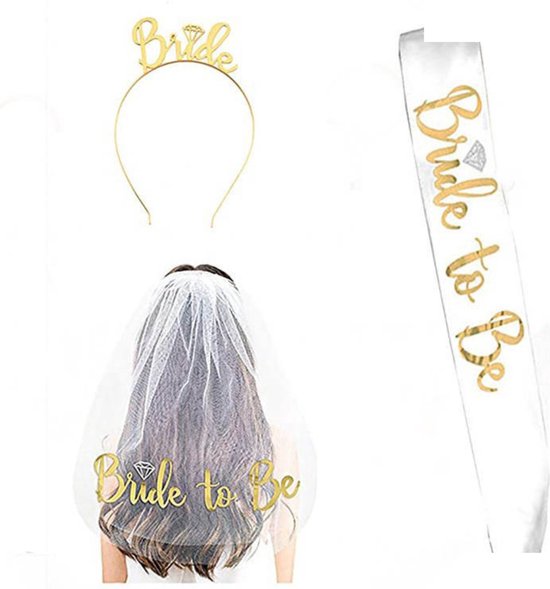 Joya Party® Bride To Be Set avec ceinture, Kroon, voile de mariée | Or | Mariage | Enterrement de vie de garçon | Bachelorette