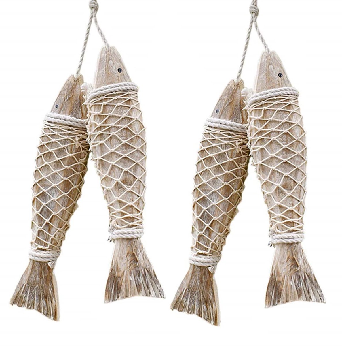 Ibenzoa® Handgesneden Houten Visornamenten Set van 4 voor Nautisch en Strandthema Interieur of Exterieur Decoratie