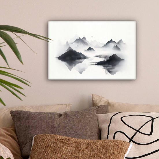 Canvas schilderij 30x20 cm - Exclusieve wanddecoratie Bergen - Mistig - Water - Wit - Muurdecoratie woonkamer - Slaapkamer decoratie - Kamer accessoires - Schilderijen op canvas