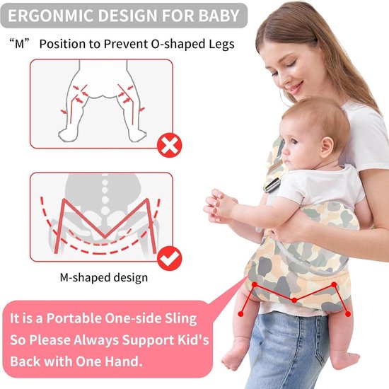 Draagzak - Ergonomische draagzak - Voordrager - Verstelbare draagzak met één schouder voor baby's - Heupdraagzak van mesh - Draagbare draagzak - Past op buik, heupen en rug - Camouflagepatroon