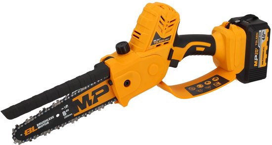 Mini tronçonneuse Tolsen sans balais Industrial - 20 V Li-ion - 400 W - Longueur du guide-chaîne : 200 mm - Vitesse de chaîne : 7,5 m/s - Lubrification automatique de la chaîne - 1 batterie de 4,0 Ah et 1 chargeur rapide inclus