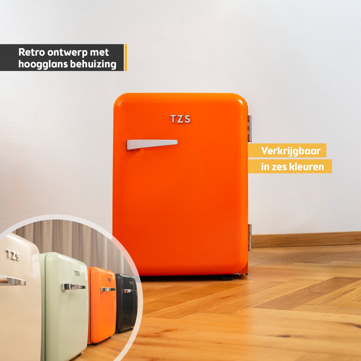 TZS First Austria Mini koelkast - Minibar - 40 liter - Vrijstaand - Volledig stil 22dB - Retro - Oranje