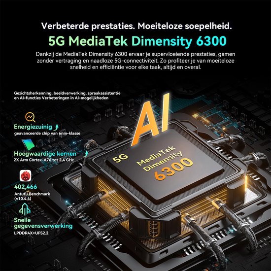 MediaTek Dimensity 6300 5G processor in de Blackview BL7000, met AI-verbeteringen.