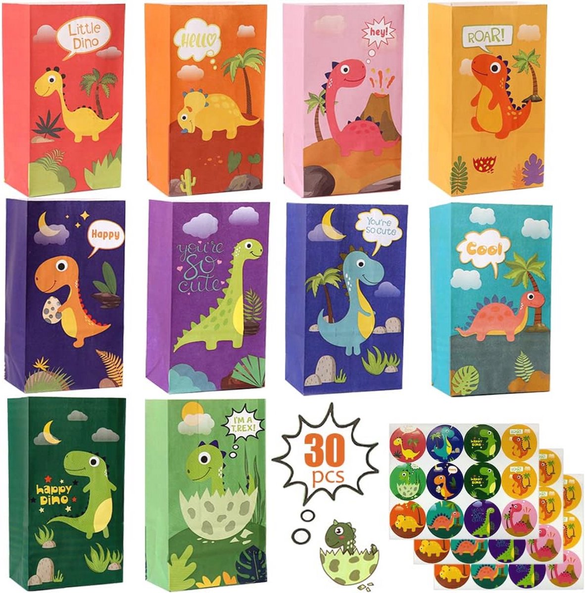 Dinosaurus Feestzakken - 30 Stuks Duurzame Papieren Geschenkzakken met Stickers voor Kinderfeesten