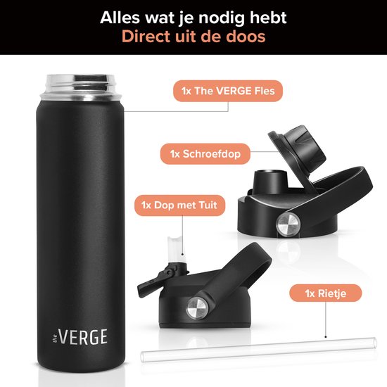 The Verge® - Luxe RVS Drinkfles 650 ML met Rietje voor Volwassenen en Kinderen – Bidon – Thermosfles - 24 uur koud/12 uur warm – Waterfles met Dubbelwandige isolatie - Met 2 Doppen - Zwart