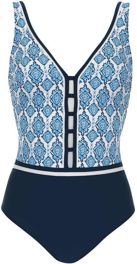 Maillot de bain Sunflair Femme – Motif mosaïque Blauw/ Wit – Décolleté V et effet correcteur – Bonnets préformés – Taille 46 Bonnet C