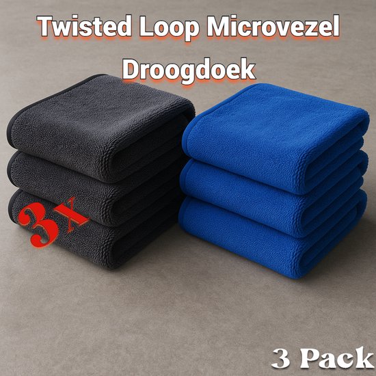 3 paquet! Loop de séchage en microfibre à boucle torsadée - Gris foncé - Blauw 1200 GSM - 40x40 cm - Chiffon de polissage à absorption ultra rapide - Nettoyage - Nettoyage de voiture