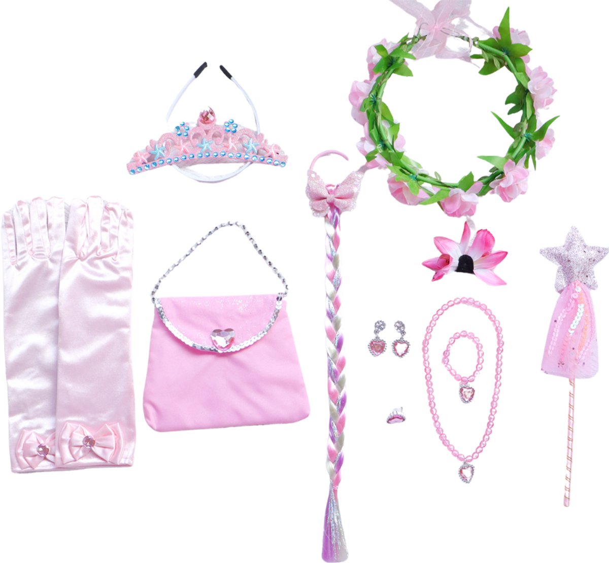 Joya Kids® Luxe Prinsessenjurk Lichtroze voor kinderen | Jurk met Glans & Tule | 11-delige Verkleedset met Accessoires | Verkleedjurk Meisje Tule Rok | Halloween kostuum | Carnaval kleding | Prinses kostuum Jurk | Maat 140 — afbeelding 17